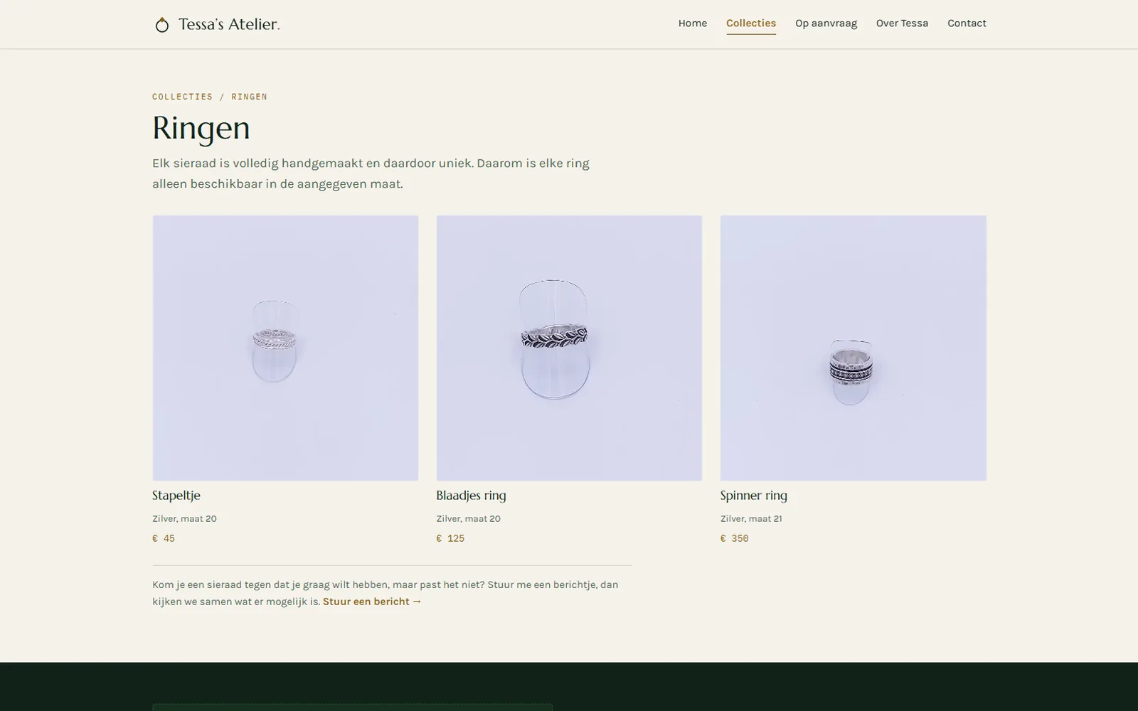 Collectiepagina met ringen van Tessa's Atelier, een edelsmid